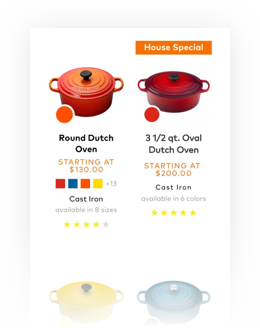 Proposed two-column Le Creuset mobile product listing