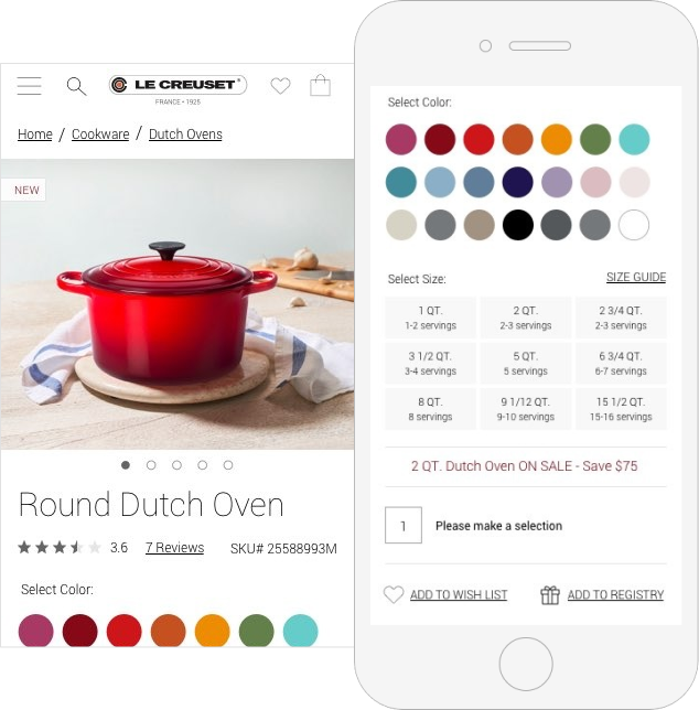 Le Creuset product page with color selection controls