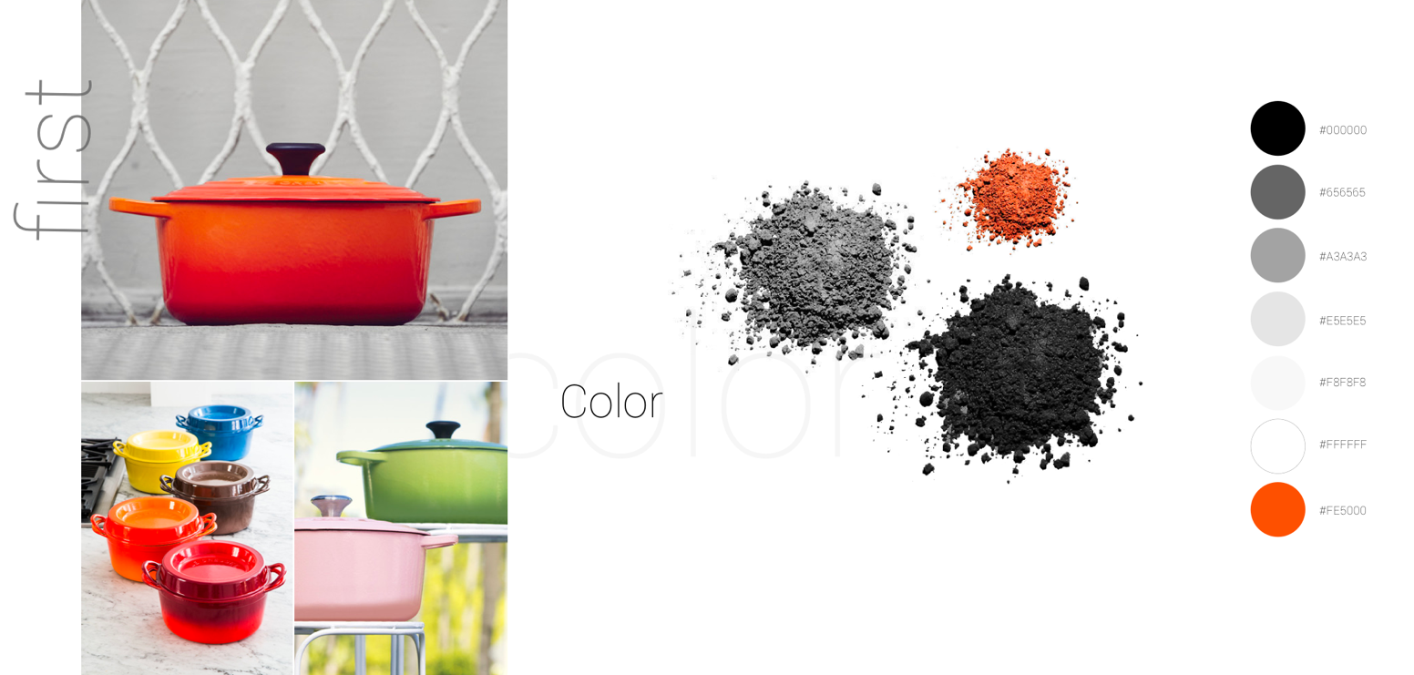 Le Creuset digital design system showing typography, color, and photography