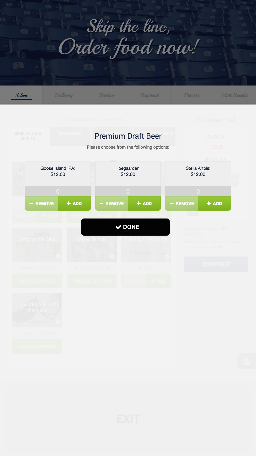 Food and beverage option selection