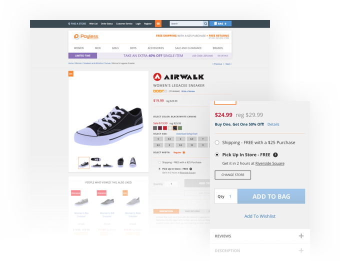 Payless product detail page with fulfillment controls