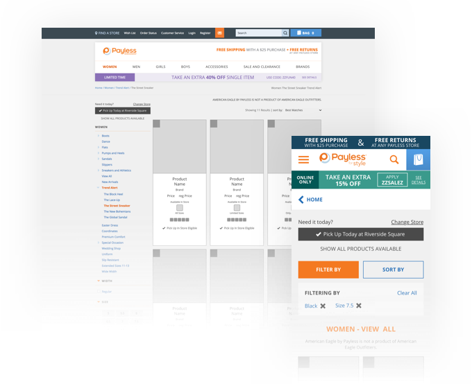 Payless product listing with store availability controls